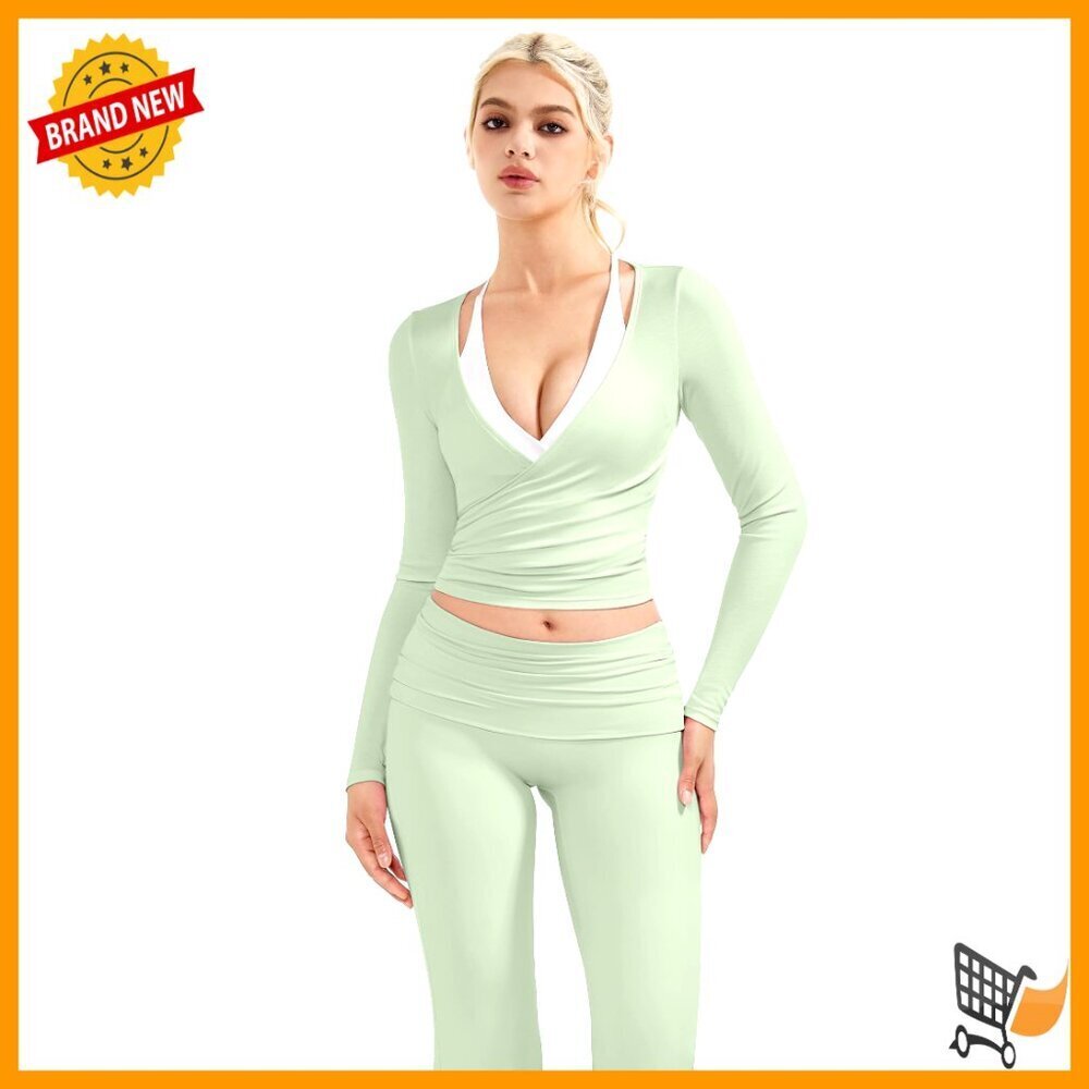 Ribbed Cropped Top Long Sleeve V Neck Tie Front Wrap Workout Yoga Blouse